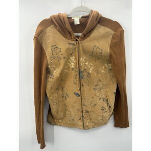 Vintage Leather Floral Brown Ribbed Hoodie Hooded Sweater Size L